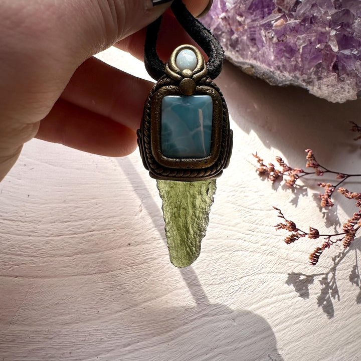 Moldavite with Larimar and Australian Opal Pendant Necklace - FairyGardenGlow