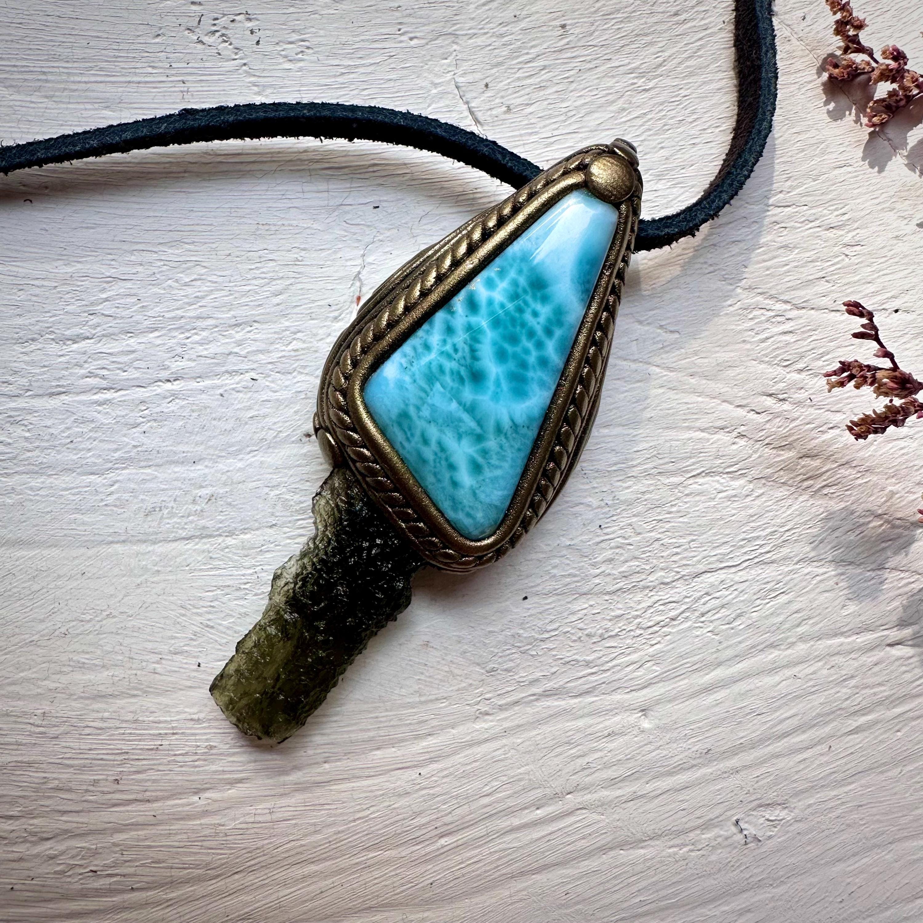 Larimar and Moldavite Pendant Necklace - FairyGardenGlow