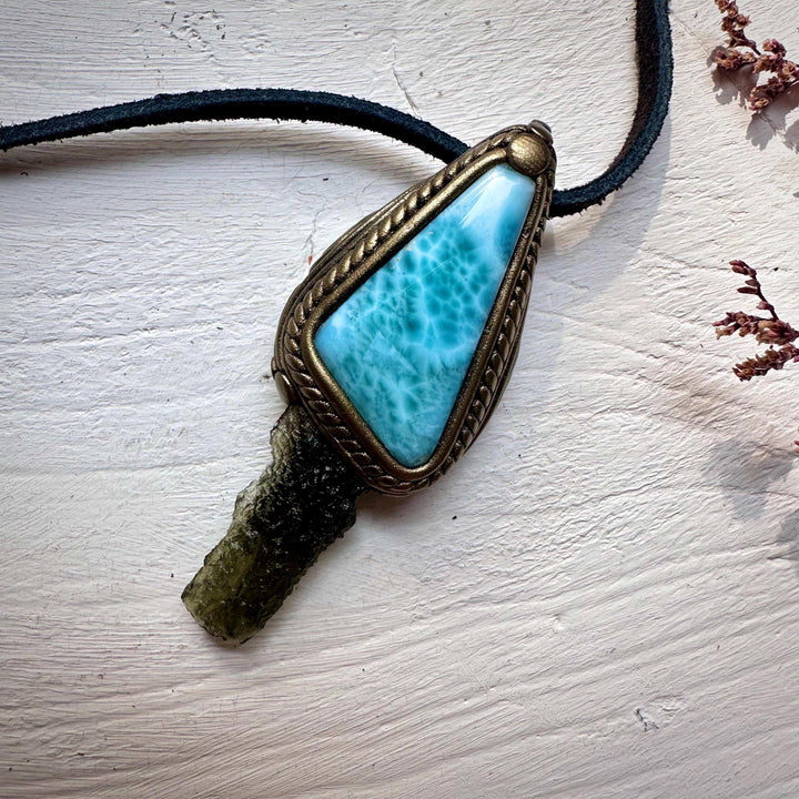 Larimar and Moldavite Pendant Necklace - FairyGardenGlow