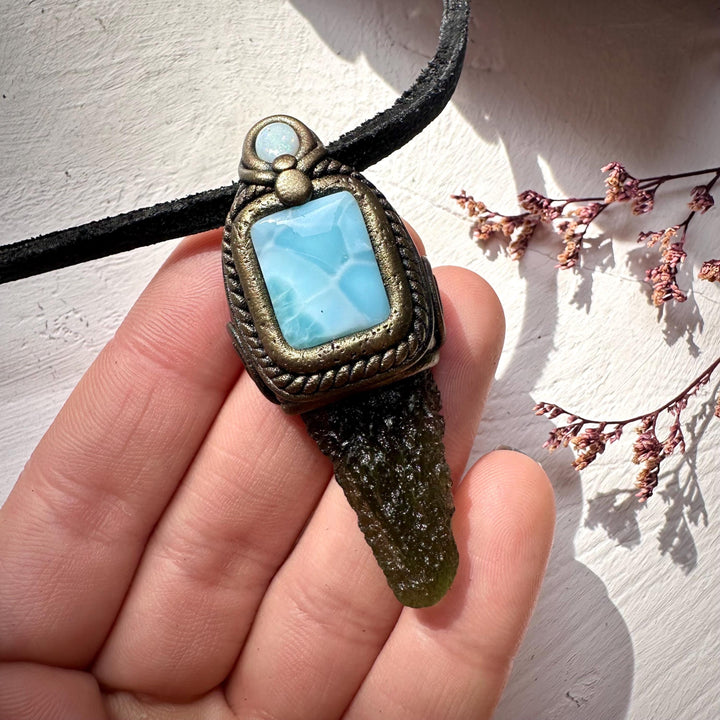 Moldavite with Larimar and Australian Opal Pendant Necklace - FairyGardenGlow