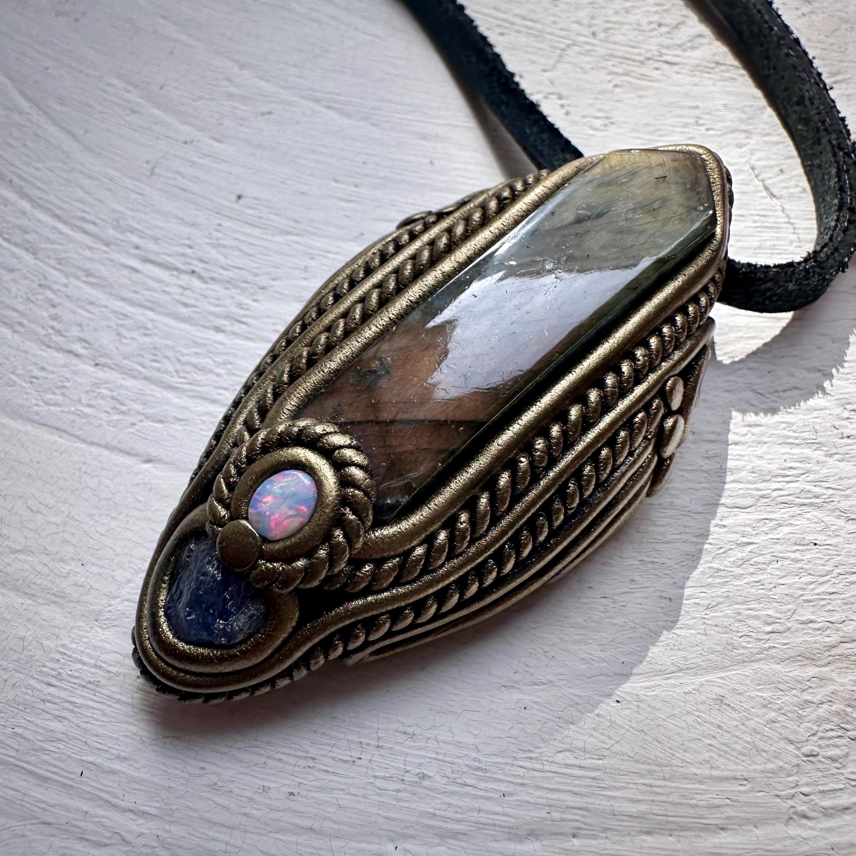 Labradorite Tanzanite and Australian Opal Pendant Necklace - FairyGardenGlow