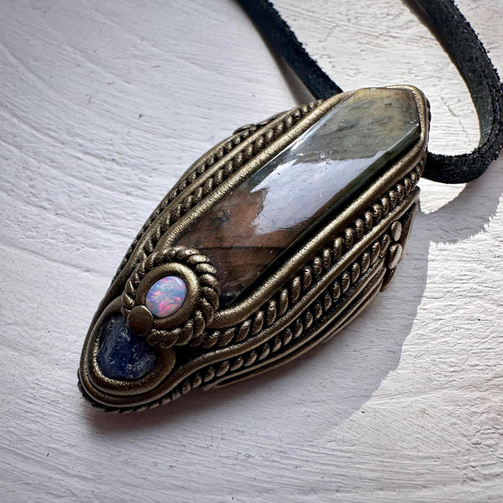 Labradorite Tanzanite and Australian Opal Pendant Necklace - FairyGardenGlow