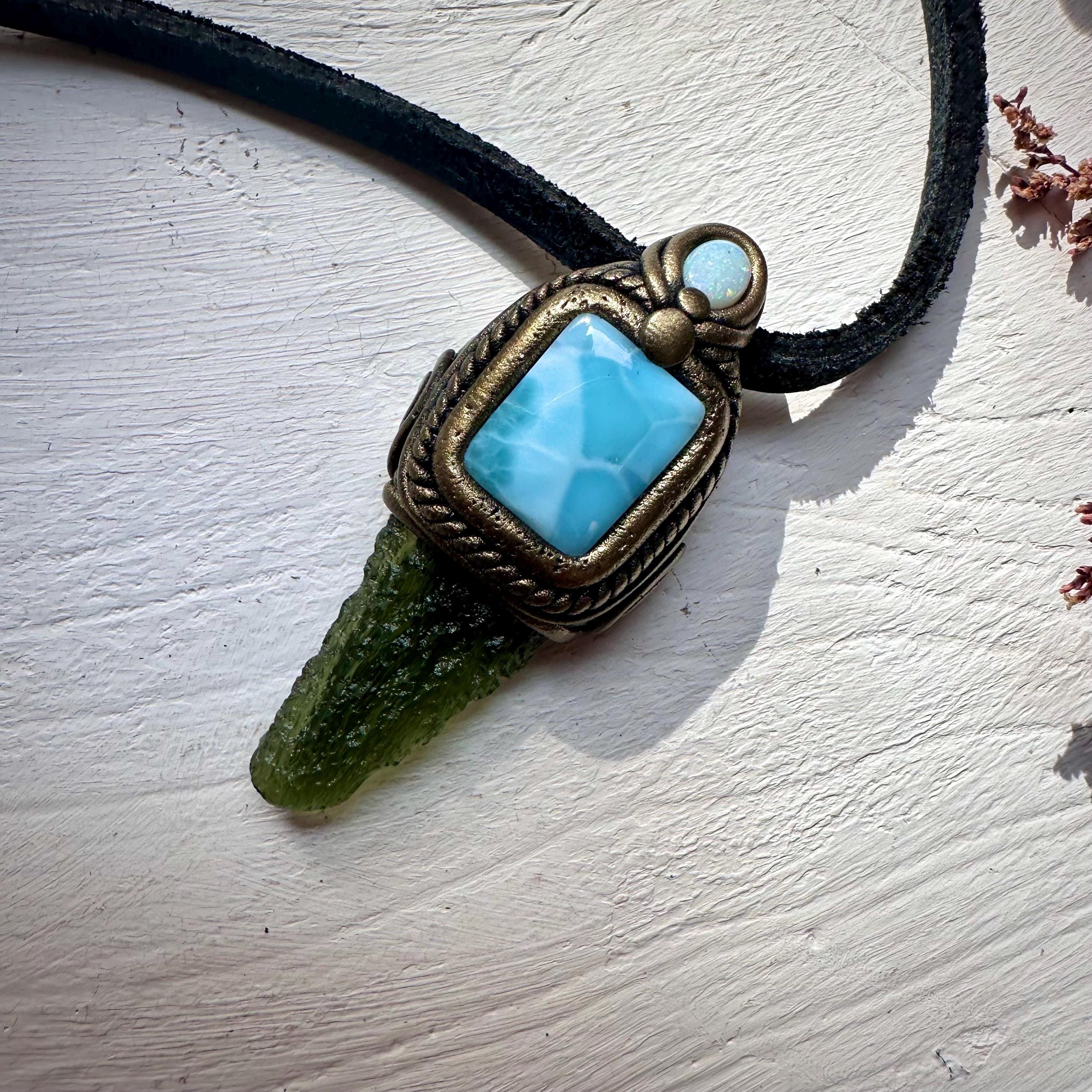 Moldavite with Larimar and Australian Opal Pendant Necklace - FairyGardenGlow