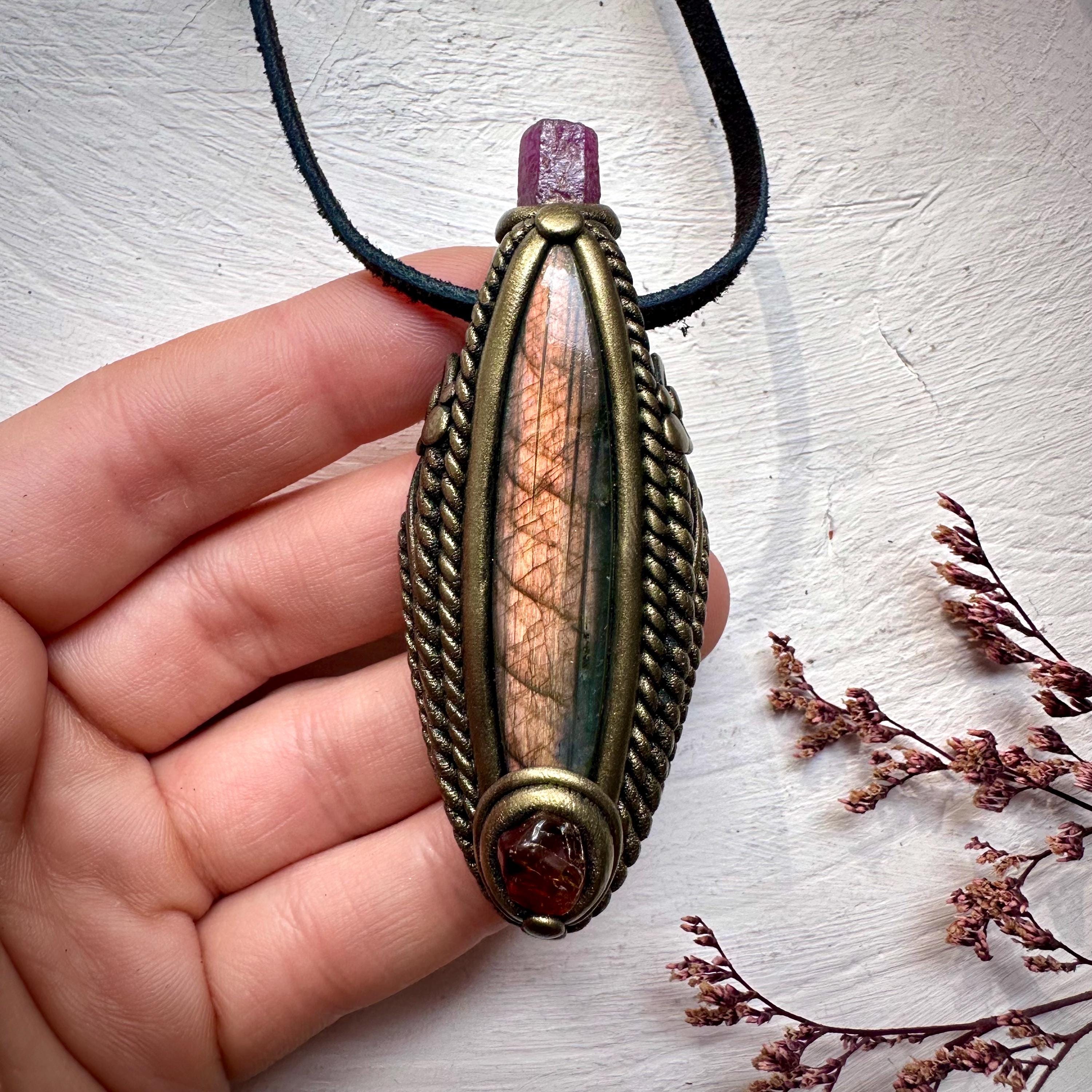 Labradorite Hessonite Garnet and Ruby Necklace - FairyGardenGlow