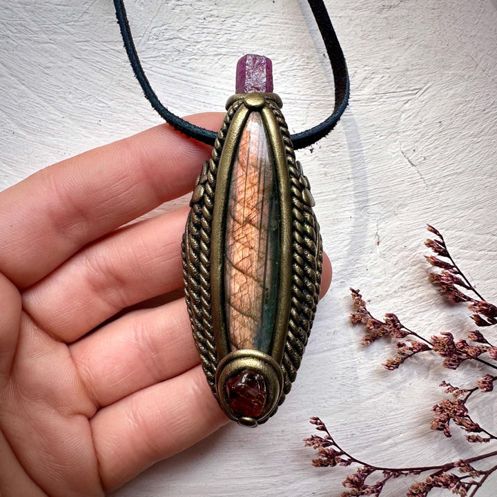 Labradorite Hessonite Garnet and Ruby Necklace - FairyGardenGlow