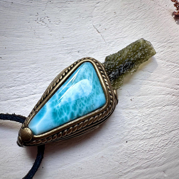 Larimar and Moldavite Pendant Necklace - FairyGardenGlow