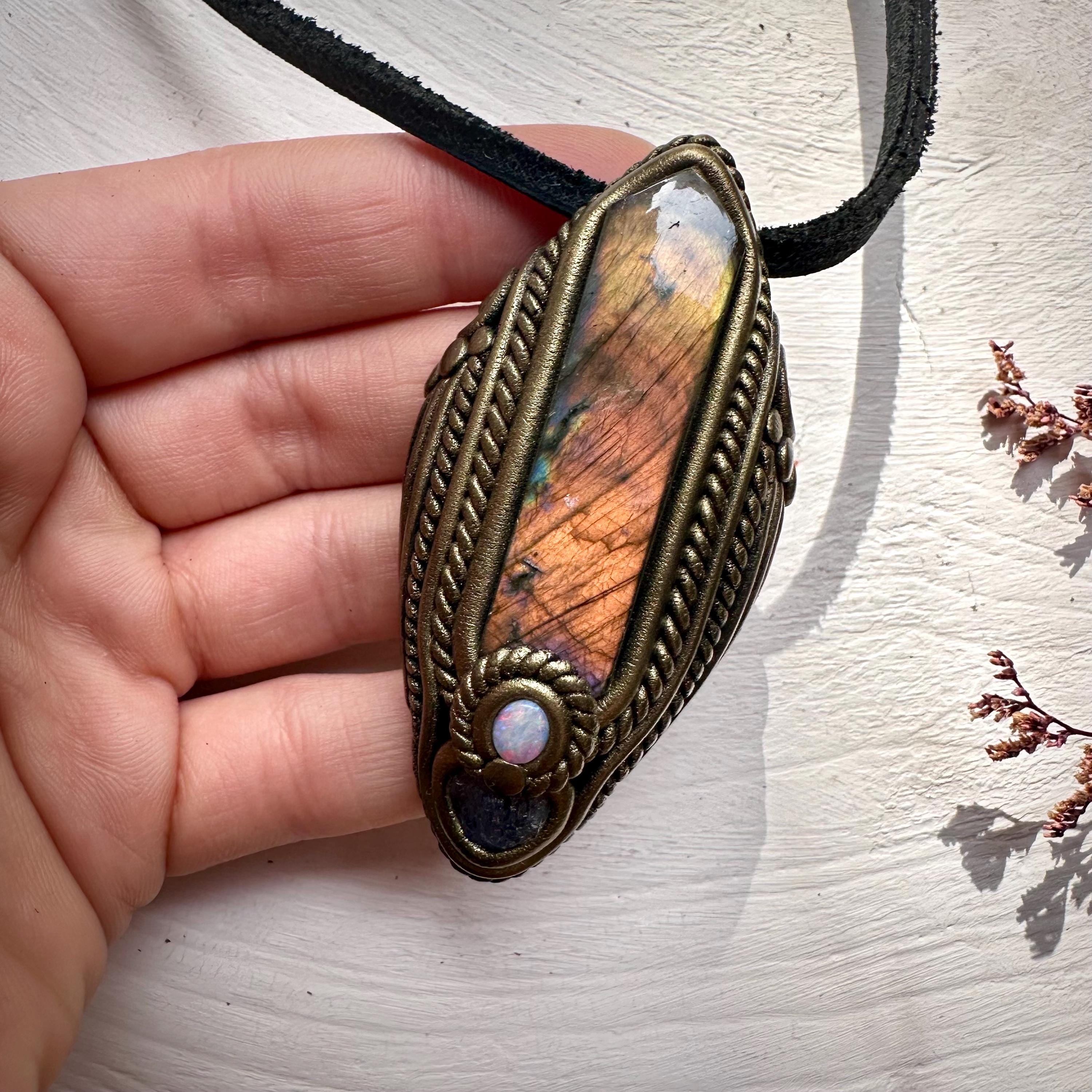 Labradorite Tanzanite and Australian Opal Pendant Necklace - FairyGardenGlow