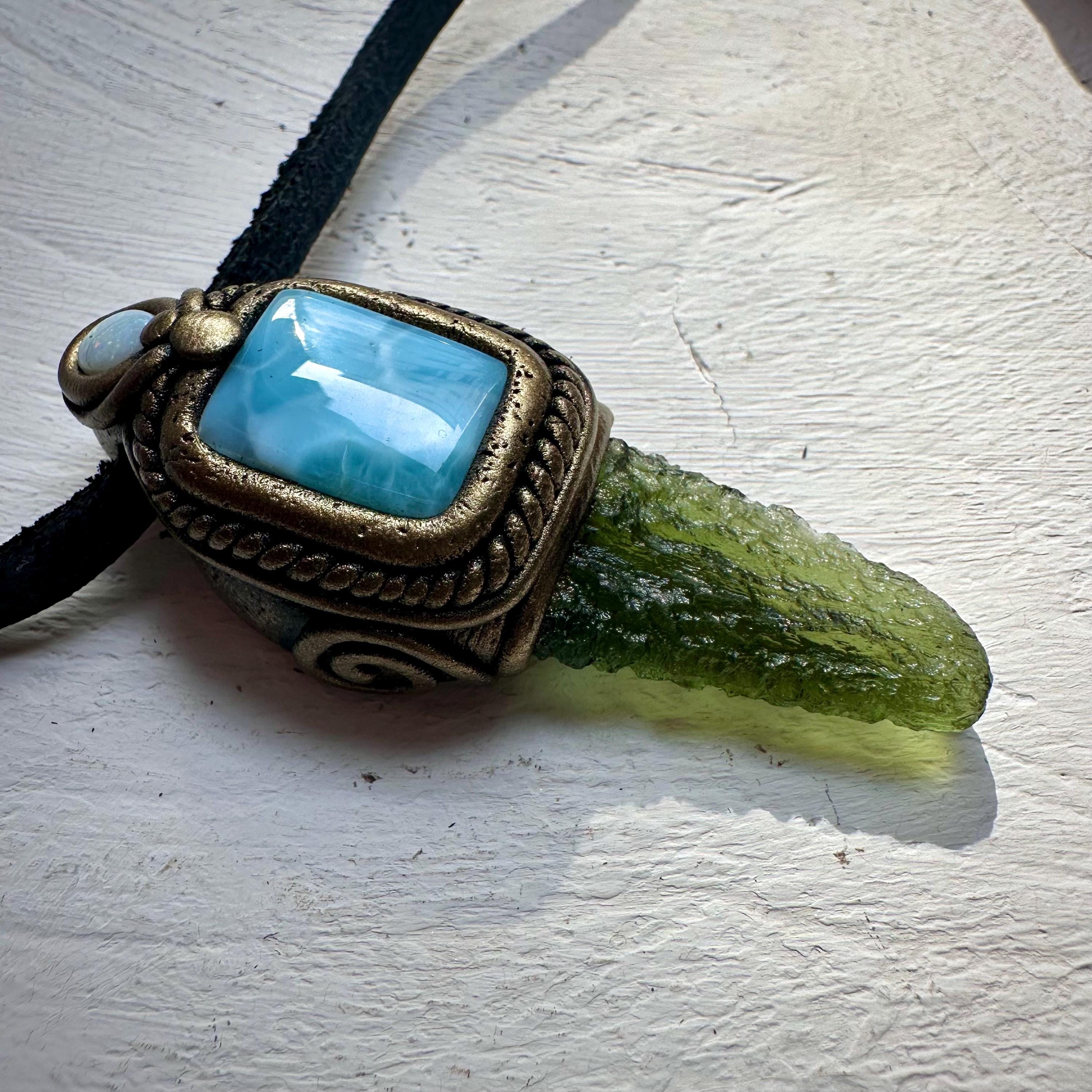 Moldavite with Larimar and Australian Opal Pendant Necklace - FairyGardenGlow