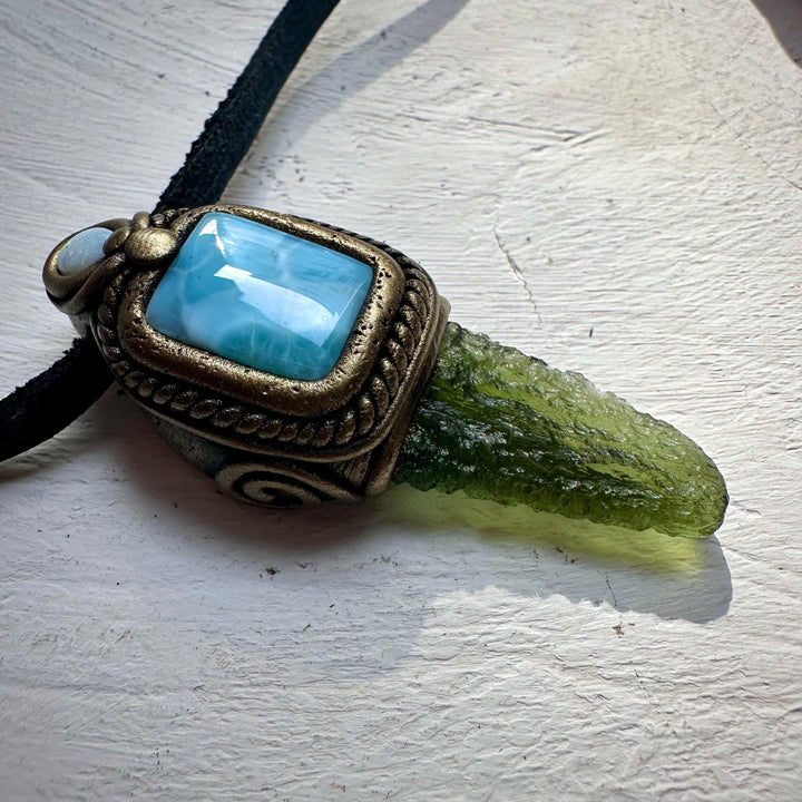 Moldavite with Larimar and Australian Opal Pendant Necklace - FairyGardenGlow