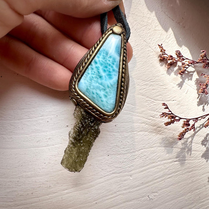 Larimar and Moldavite Pendant Necklace - FairyGardenGlow