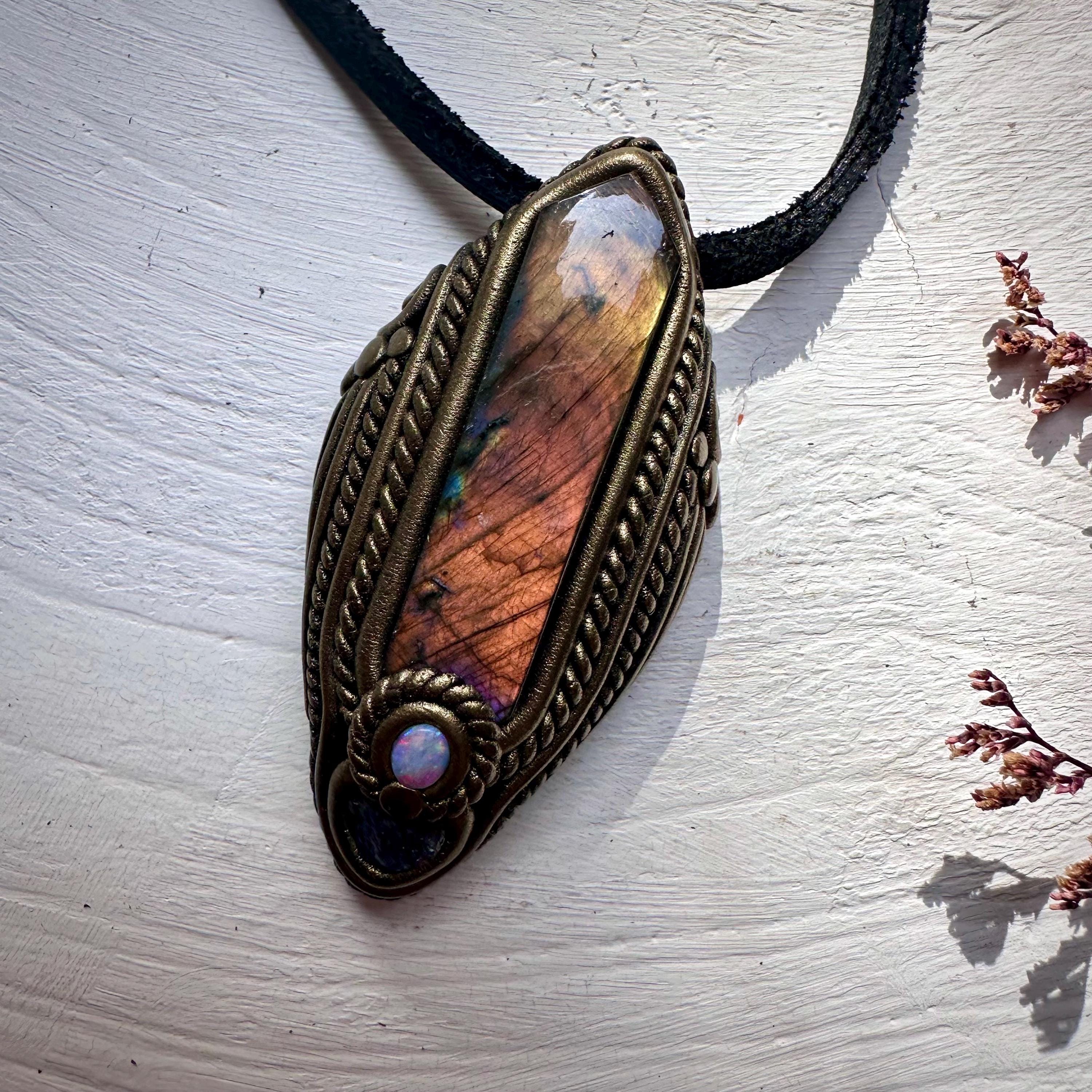 Labradorite Tanzanite and Australian Opal Pendant Necklace - FairyGardenGlow