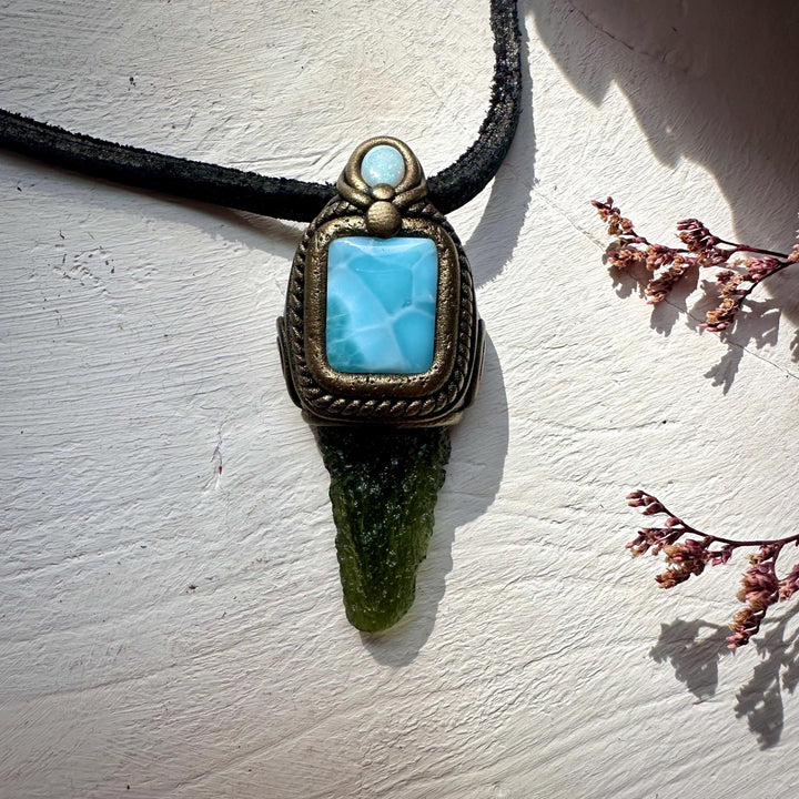 Moldavite with Larimar and Australian Opal Pendant Necklace - FairyGardenGlow