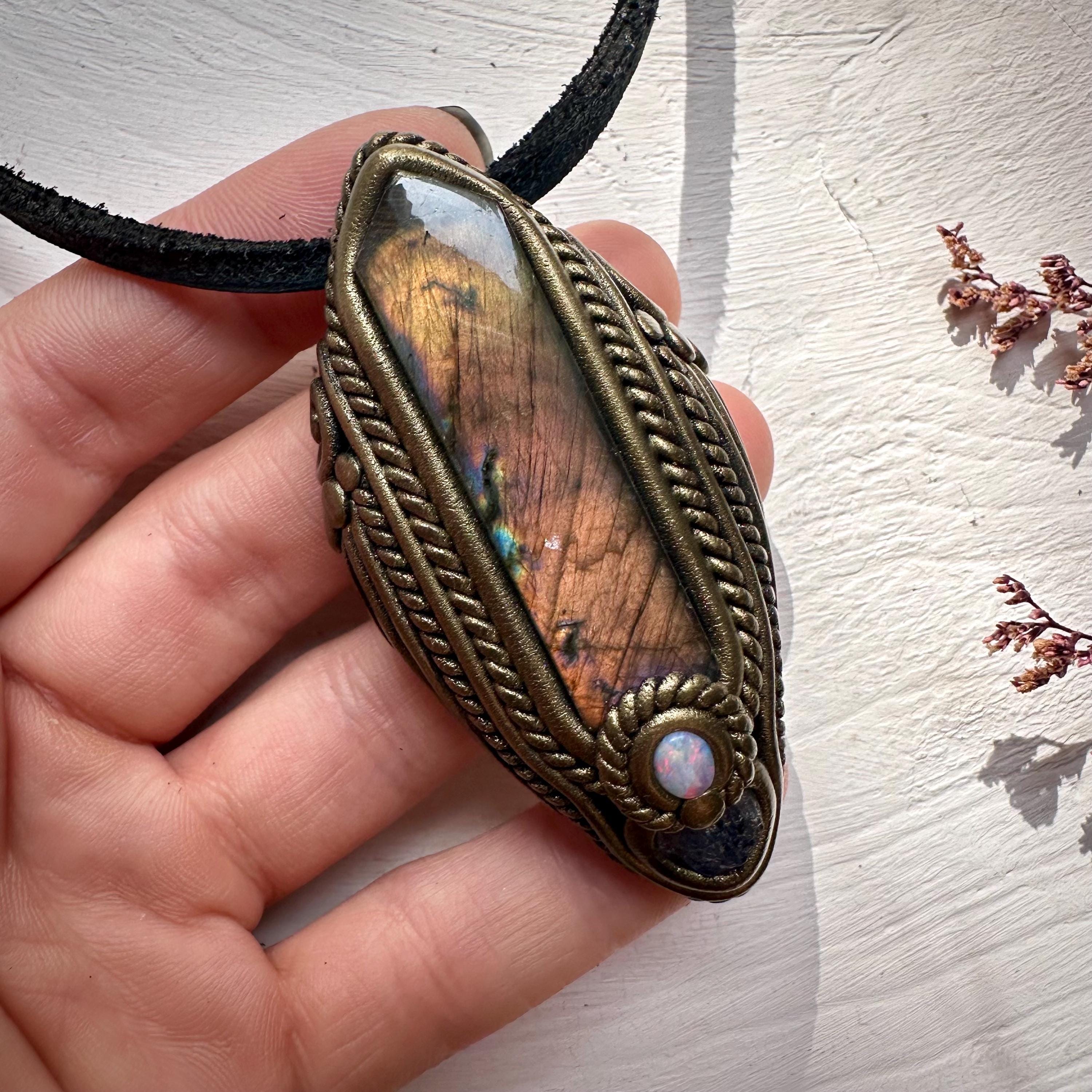 Labradorite Tanzanite and Australian Opal Pendant Necklace - FairyGardenGlow