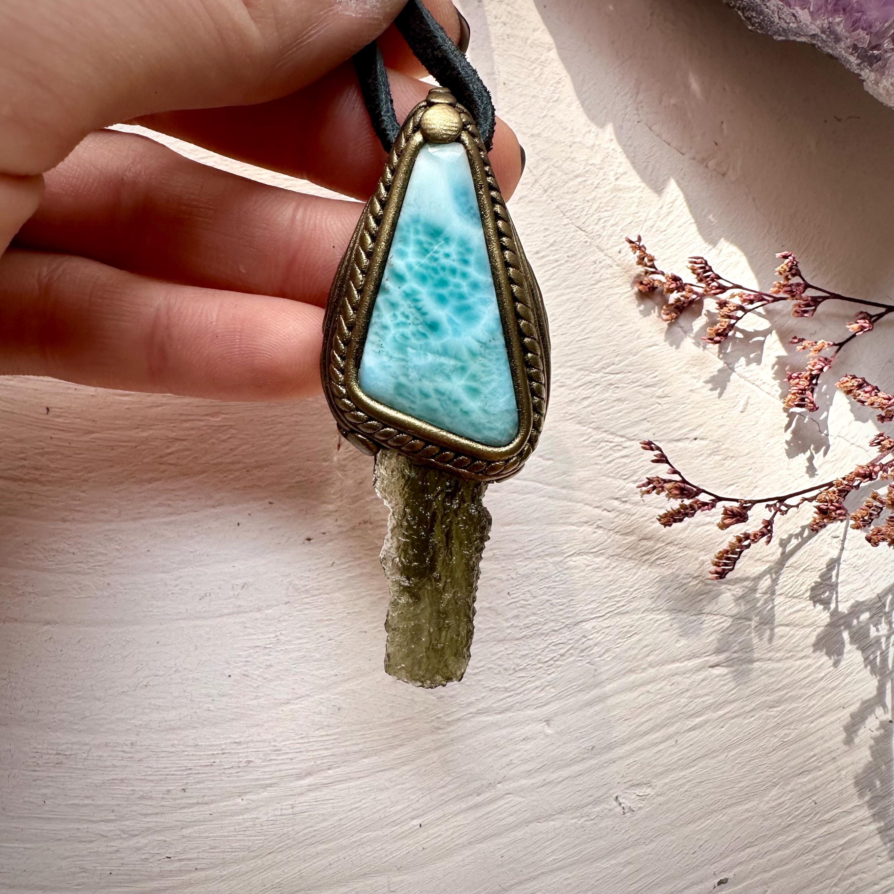 Larimar and Moldavite Pendant Necklace - FairyGardenGlow