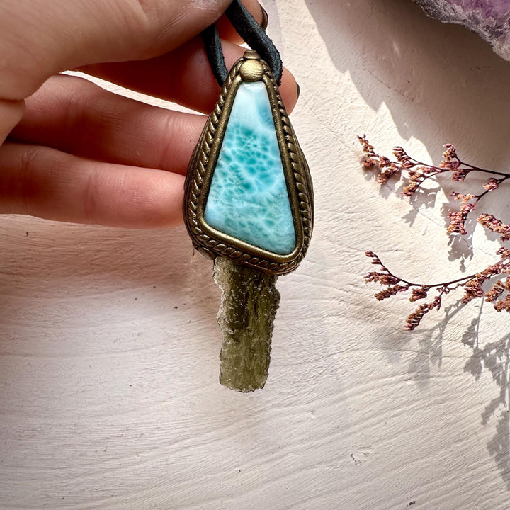 Larimar and Moldavite Pendant Necklace - FairyGardenGlow