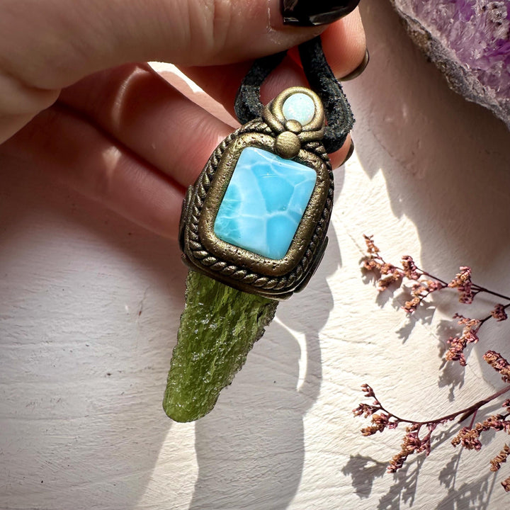 Moldavite with Larimar and Australian Opal Pendant Necklace - FairyGardenGlow
