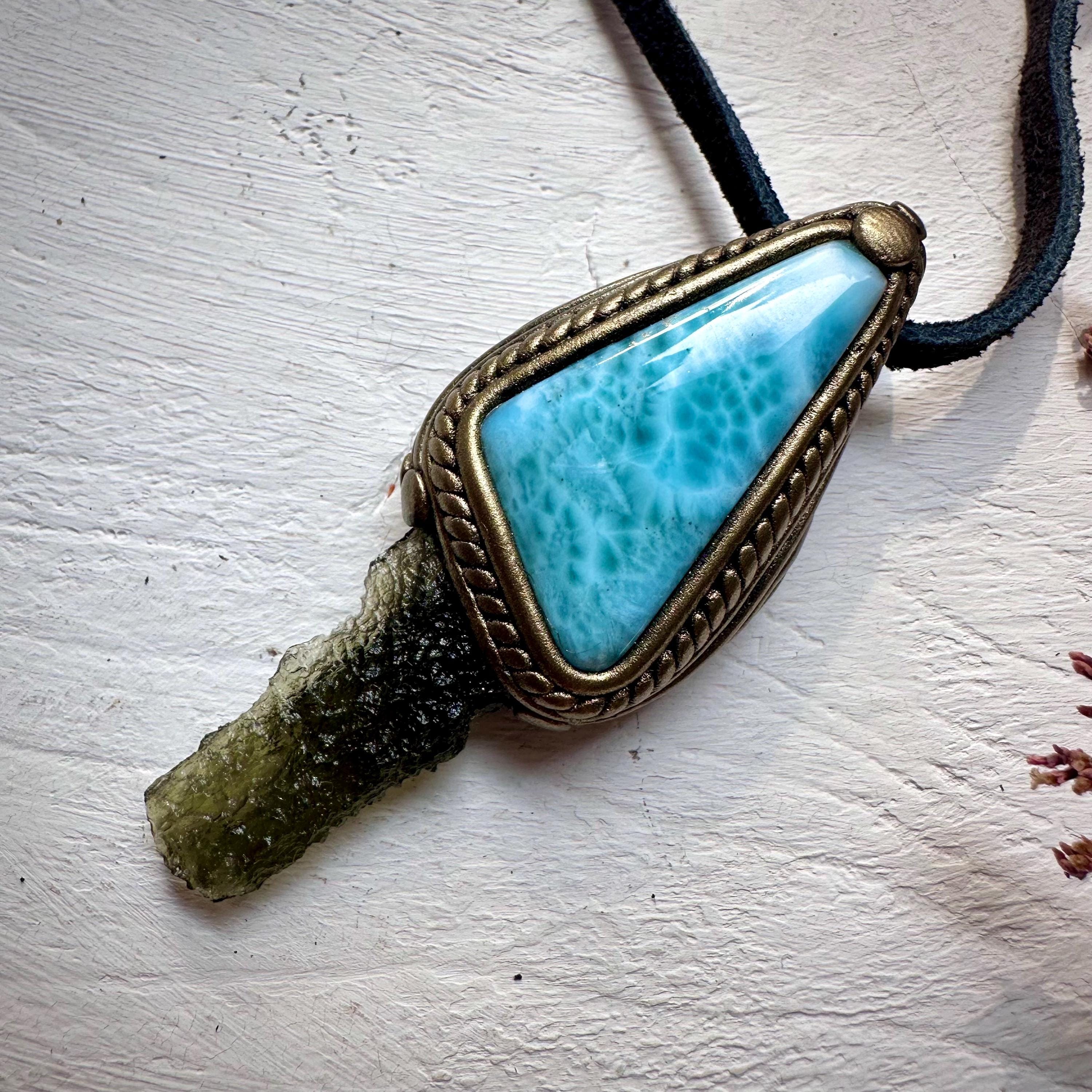 Larimar and Moldavite Pendant Necklace - FairyGardenGlow