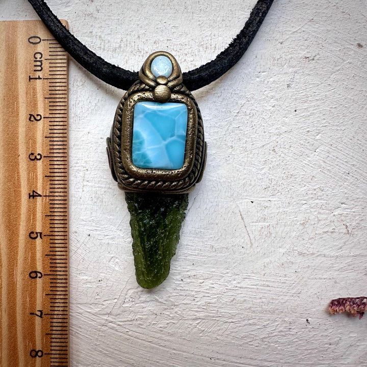 Moldavite with Larimar and Australian Opal Pendant Necklace - FairyGardenGlow
