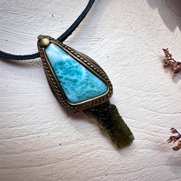 Larimar and Moldavite Pendant Necklace - FairyGardenGlow