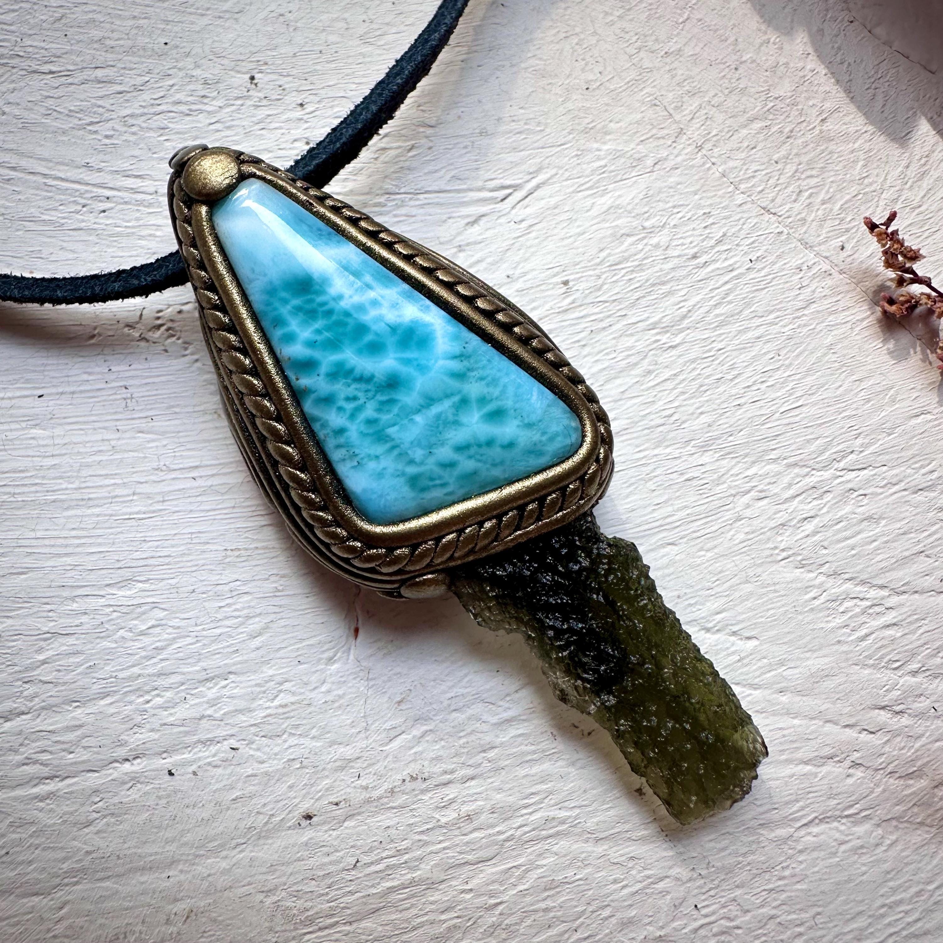 Larimar and Moldavite Pendant Necklace - FairyGardenGlow