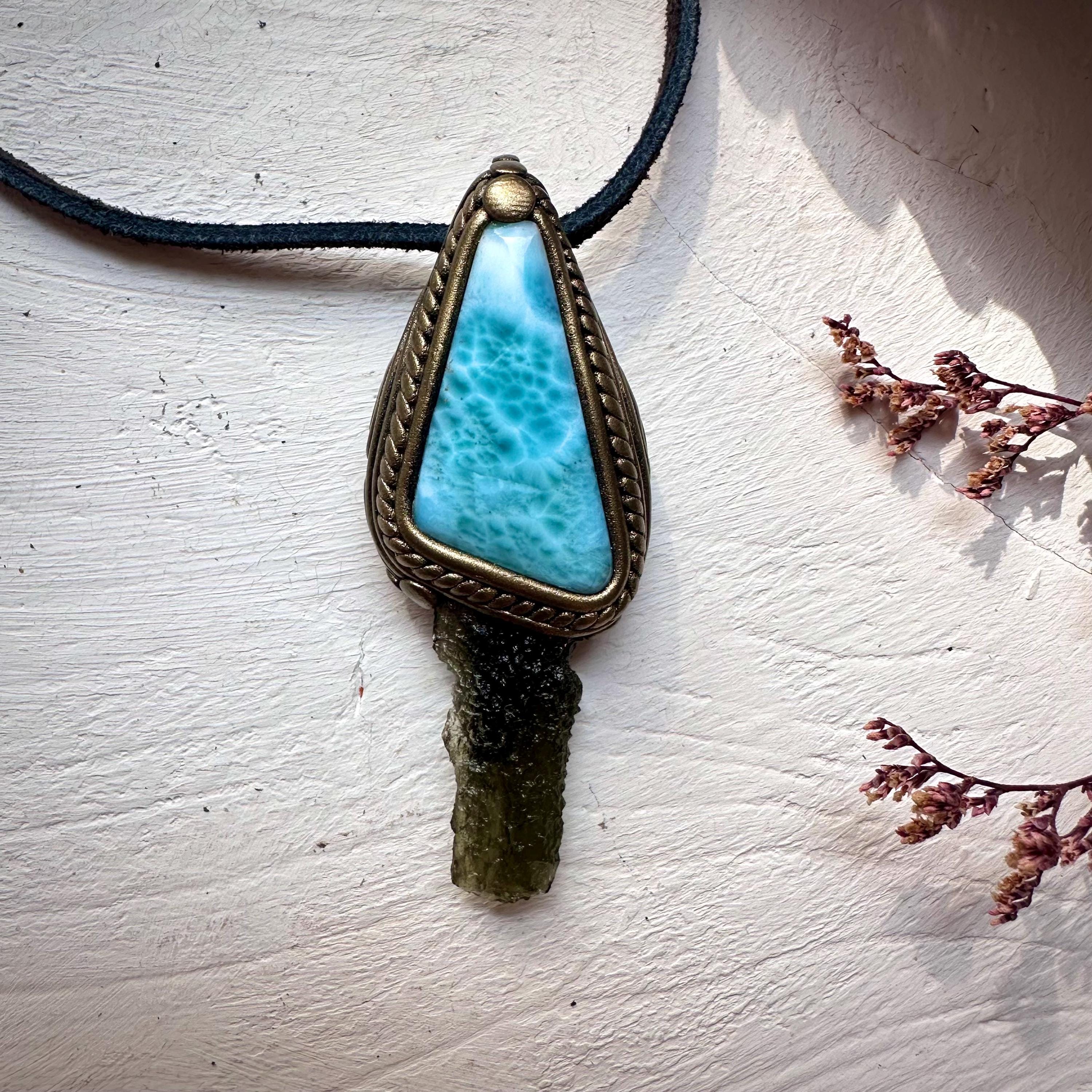 Larimar and Moldavite Pendant Necklace - FairyGardenGlow