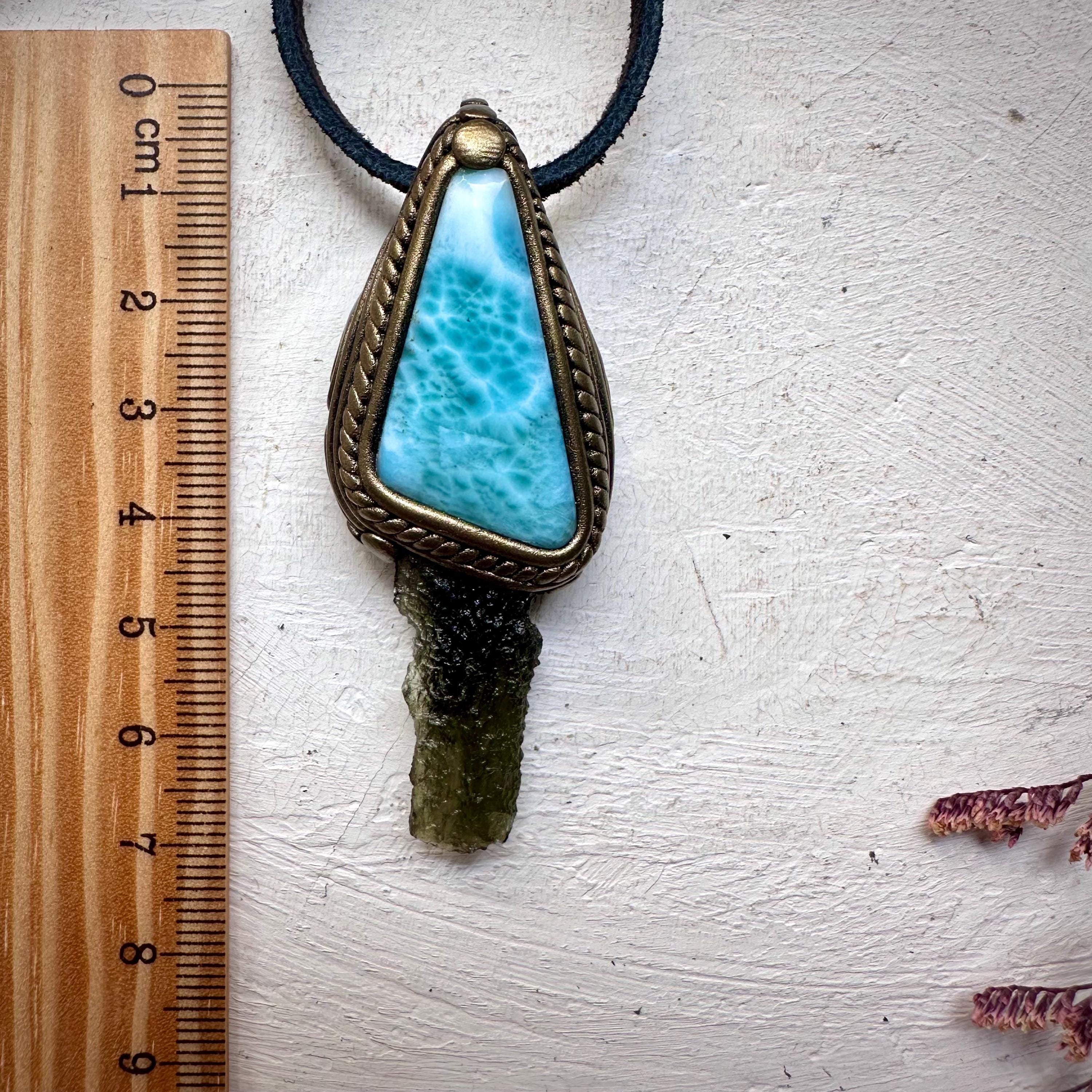 Larimar and Moldavite Pendant Necklace - FairyGardenGlow