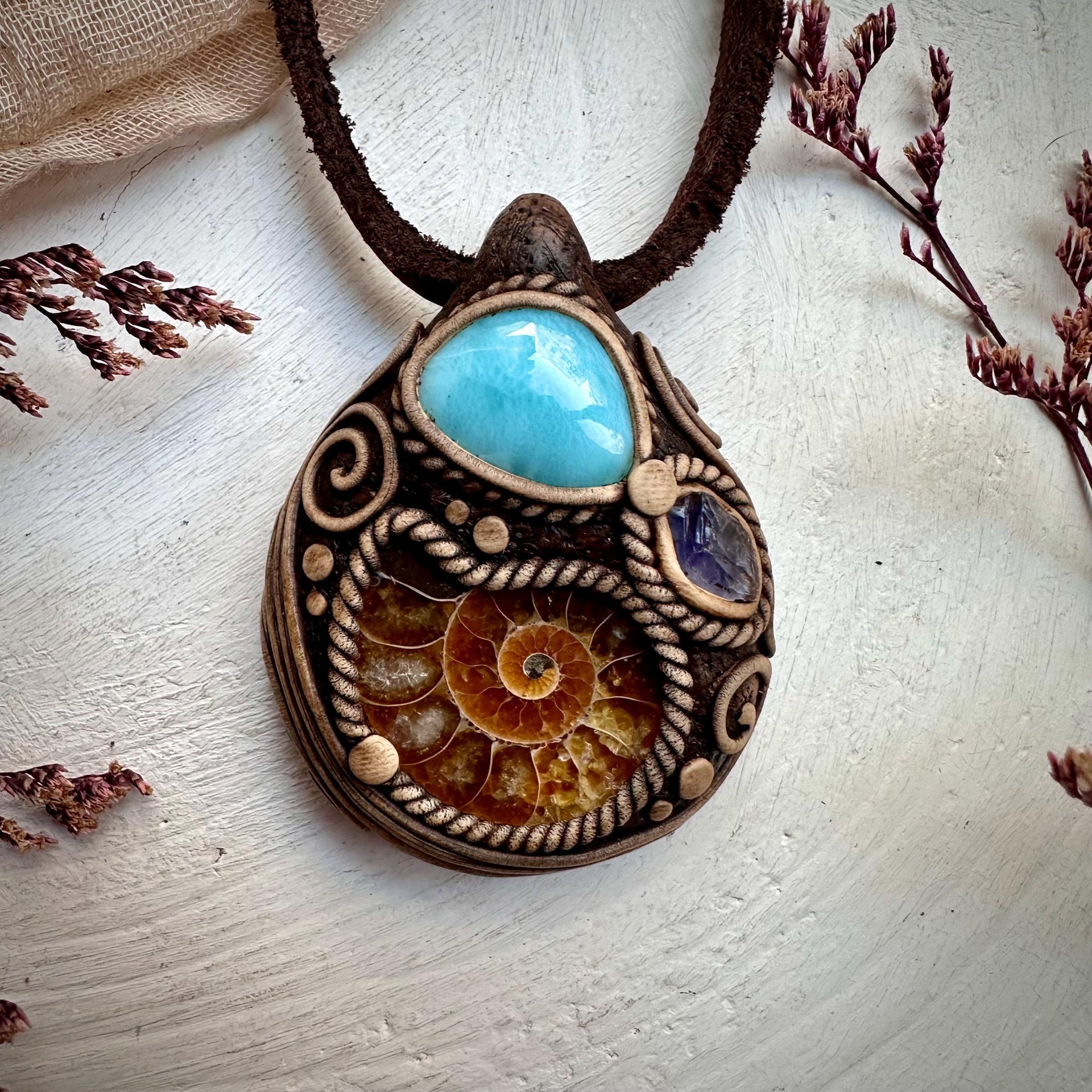 Ammonite Larimar and Raw Iolite Necklace - FairyGardenGlow
