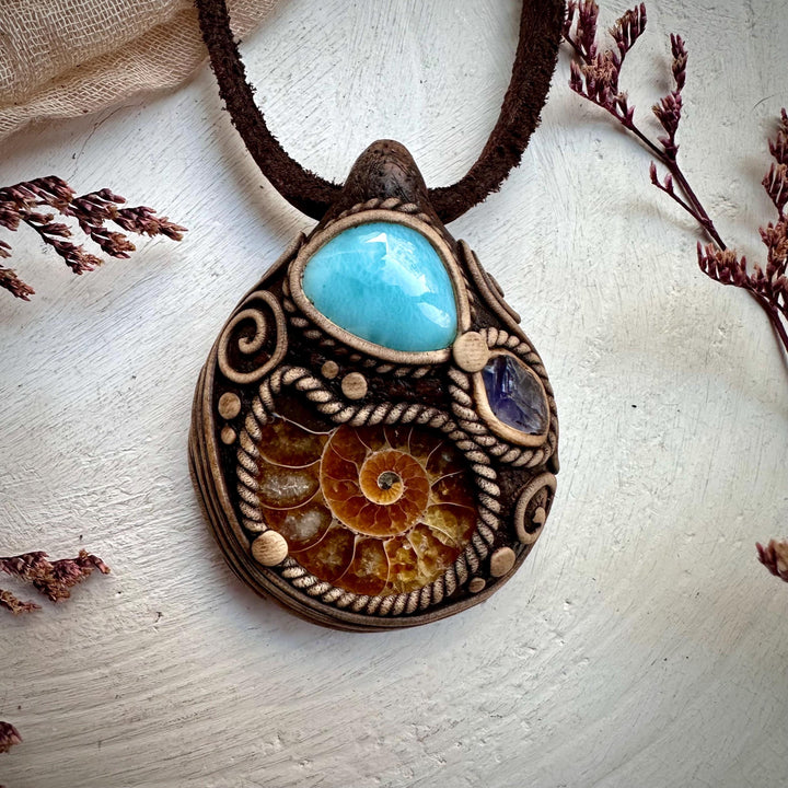 Ammonite Larimar and Raw Iolite Necklace - FairyGardenGlow