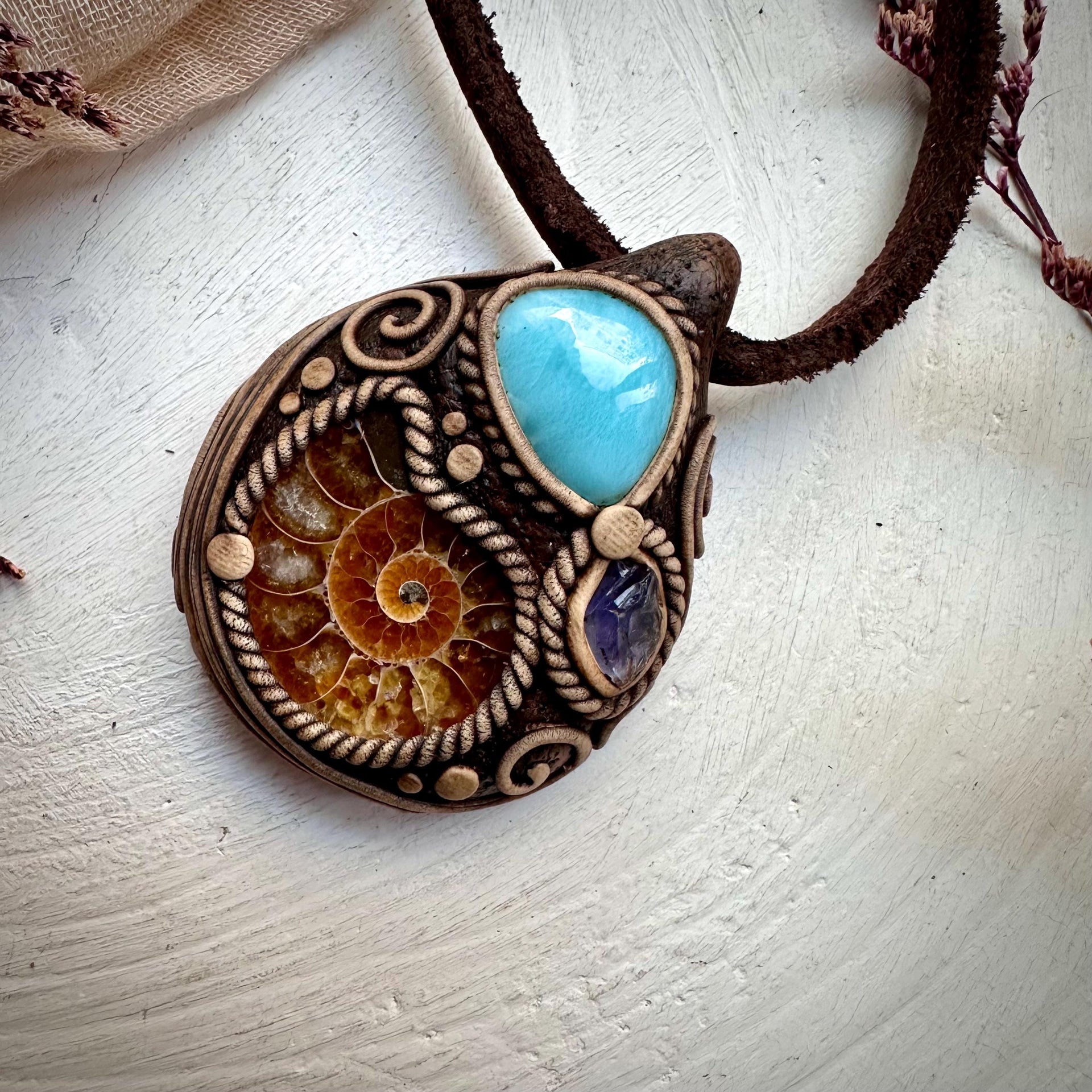 Ammonite Larimar and Raw Iolite Necklace - FairyGardenGlow