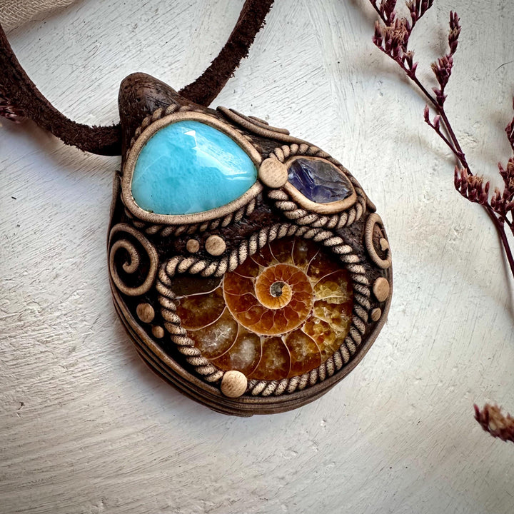 Ammonite Larimar and Raw Iolite Necklace - FairyGardenGlow