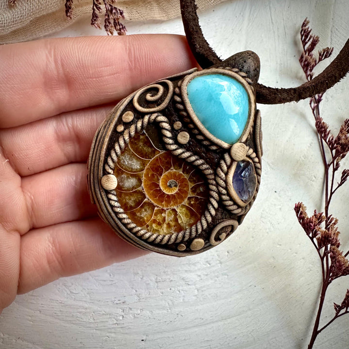 Ammonite Larimar and Raw Iolite Necklace - FairyGardenGlow