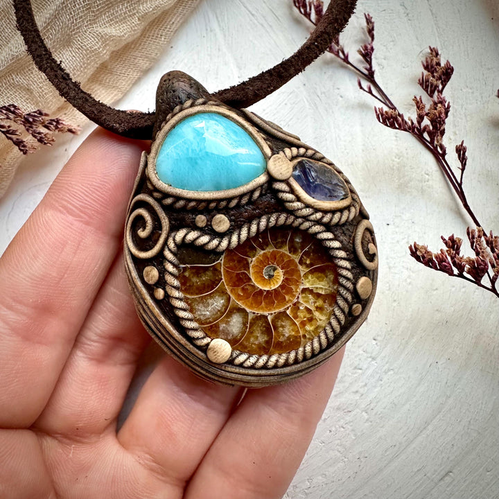 Ammonite Larimar and Raw Iolite Necklace - FairyGardenGlow