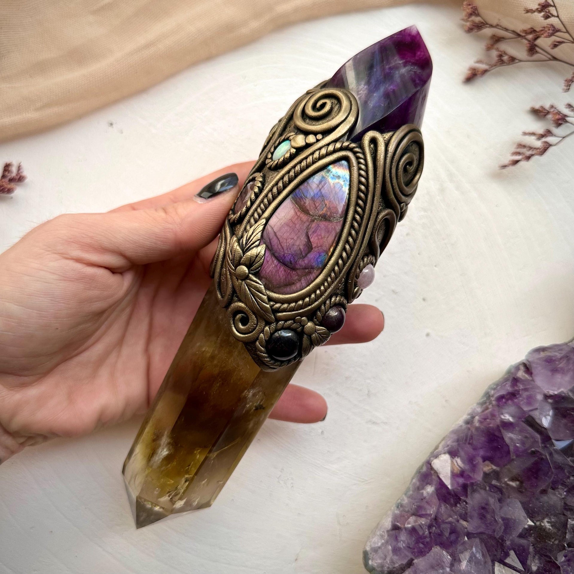 Large Citrine Point with Purple Fluorite Flame Labradorite Amethyst Ruby Morganite Strawberry Quartz and Australian Opal Wand - FairyGardenGlow