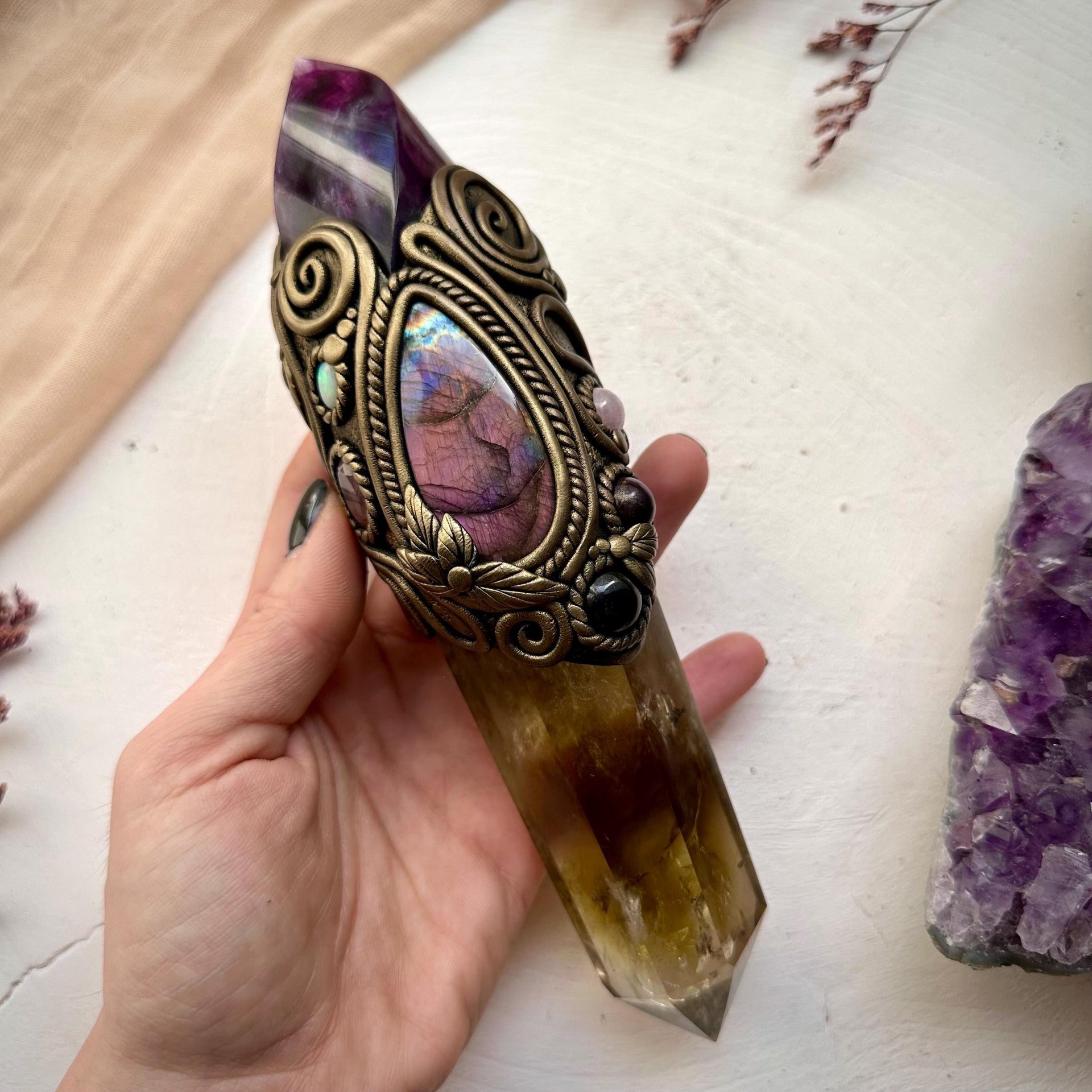 Large Citrine Point with Purple Fluorite Flame Labradorite Amethyst Ruby Morganite Strawberry Quartz and Australian Opal Wand - FairyGardenGlow