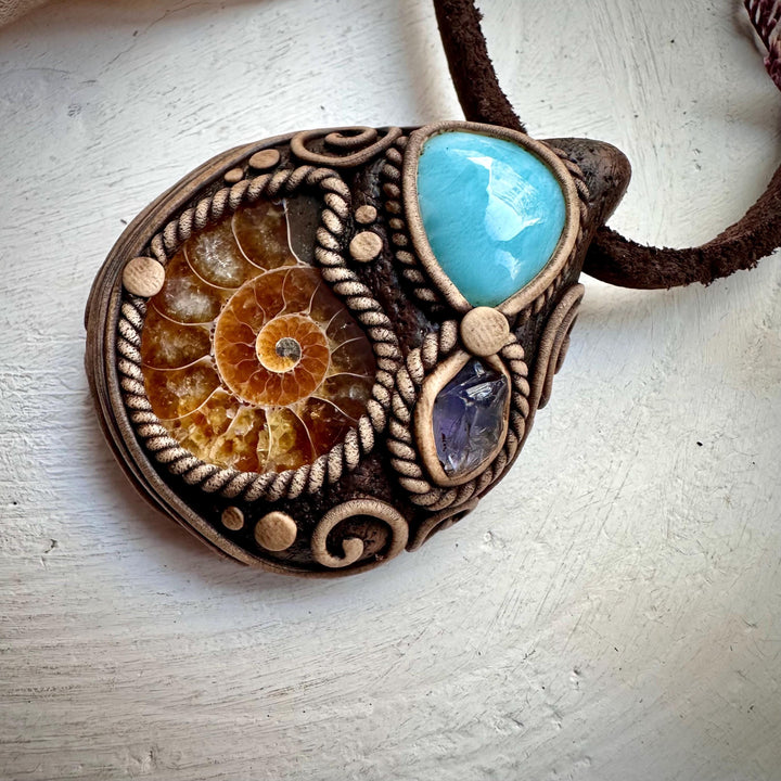 Ammonite Larimar and Raw Iolite Necklace - FairyGardenGlow