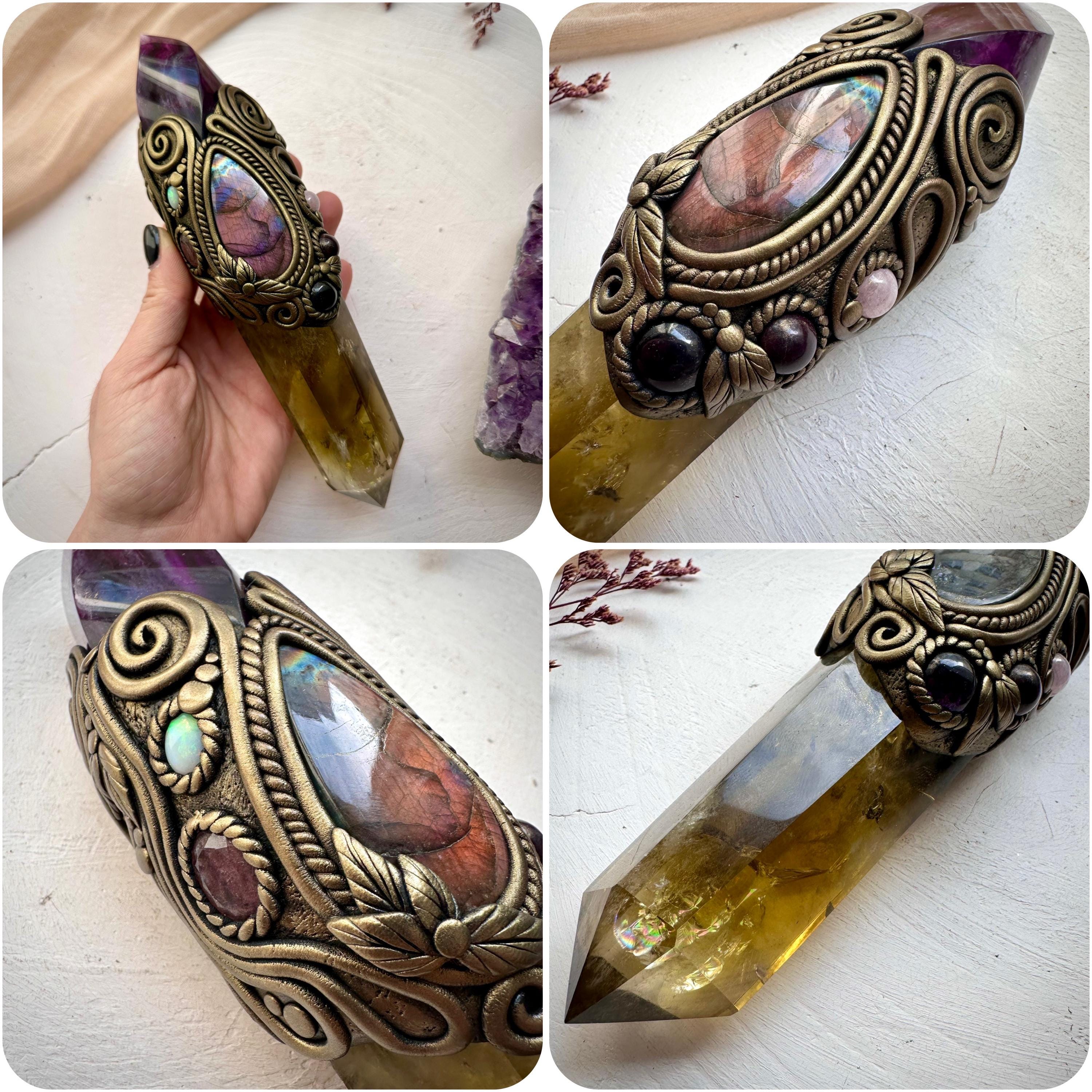 Large Citrine Point with Purple Fluorite Flame Labradorite Amethyst Ruby Morganite Strawberry Quartz and Australian Opal Wand - FairyGardenGlow