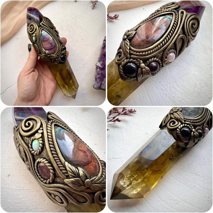 Large Citrine Point with Purple Fluorite Flame Labradorite Amethyst Ruby Morganite Strawberry Quartz and Australian Opal Wand - FairyGardenGlow