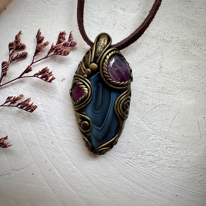 Botswana Agate Bi Color Tourmaline and Lavender Quartz Necklace - FairyGardenGlow