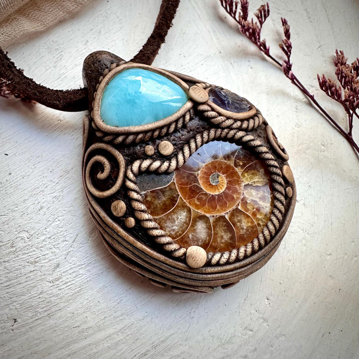 Ammonite Larimar and Raw Iolite Necklace - FairyGardenGlow