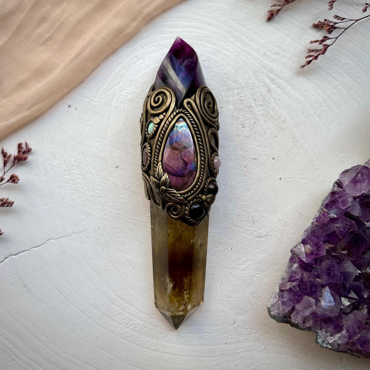 Large Citrine Point with Purple Fluorite Flame Labradorite Amethyst Ruby Morganite Strawberry Quartz and Australian Opal Wand - FairyGardenGlow