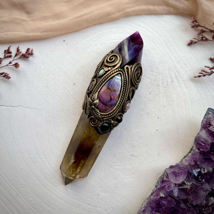 Large Citrine Point with Purple Fluorite Flame Labradorite Amethyst Ruby Morganite Strawberry Quartz and Australian Opal Wand - FairyGardenGlow