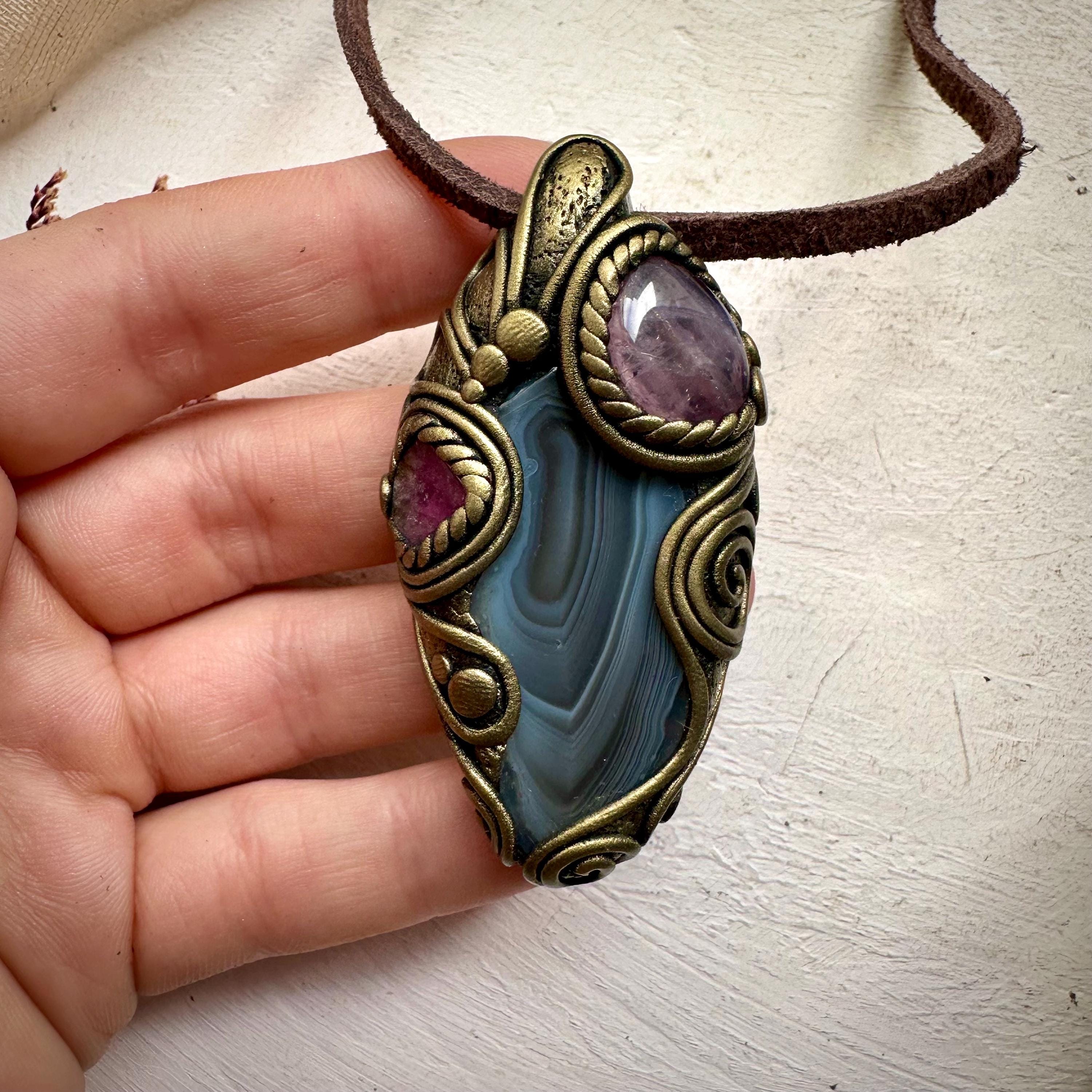 Botswana Agate Bi Color Tourmaline and Lavender Quartz Necklace - FairyGardenGlow
