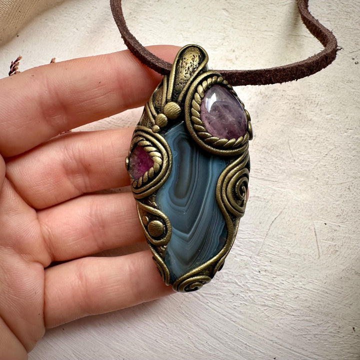 Botswana Agate Bi Color Tourmaline and Lavender Quartz Necklace - FairyGardenGlow