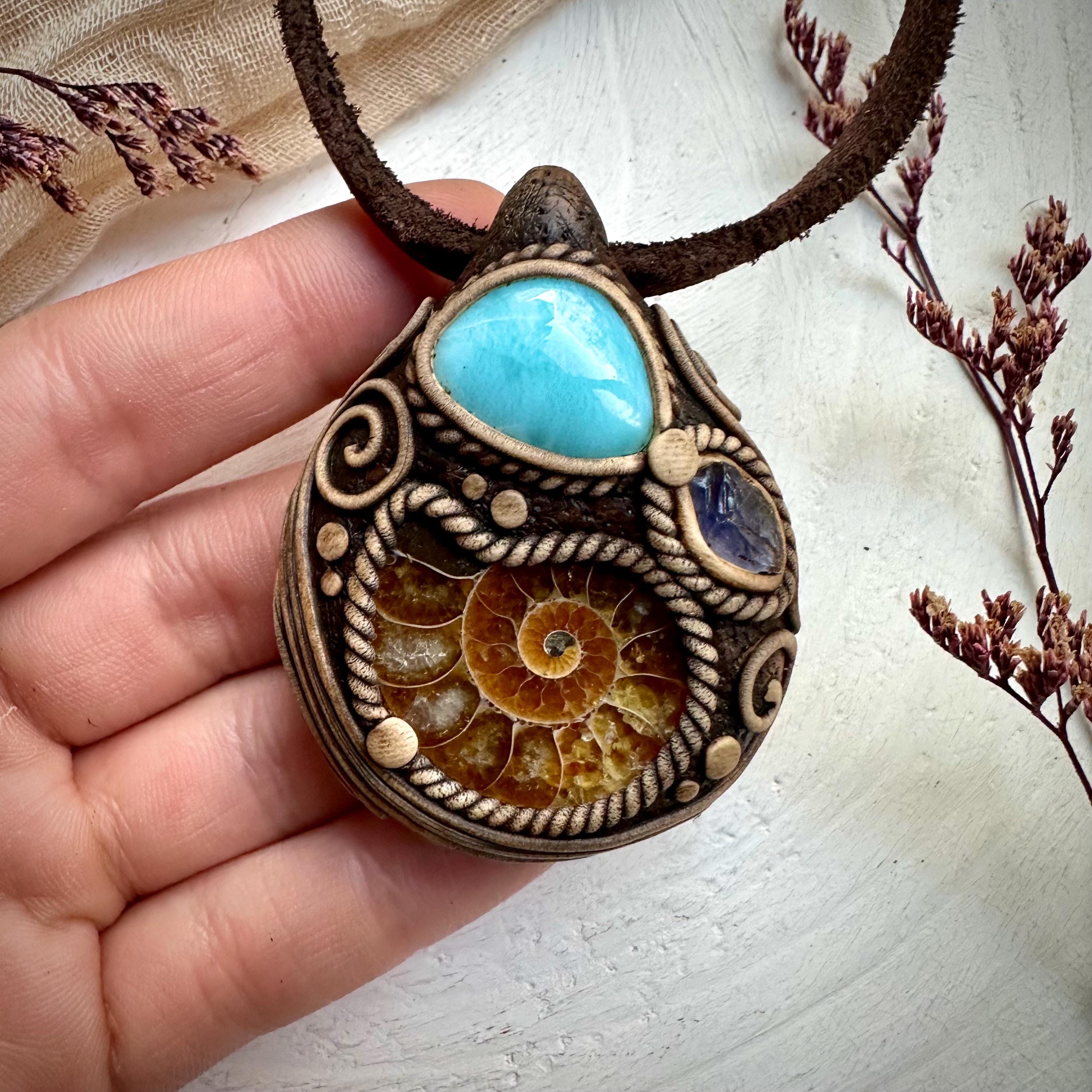 Ammonite Larimar and Raw Iolite Necklace - FairyGardenGlow