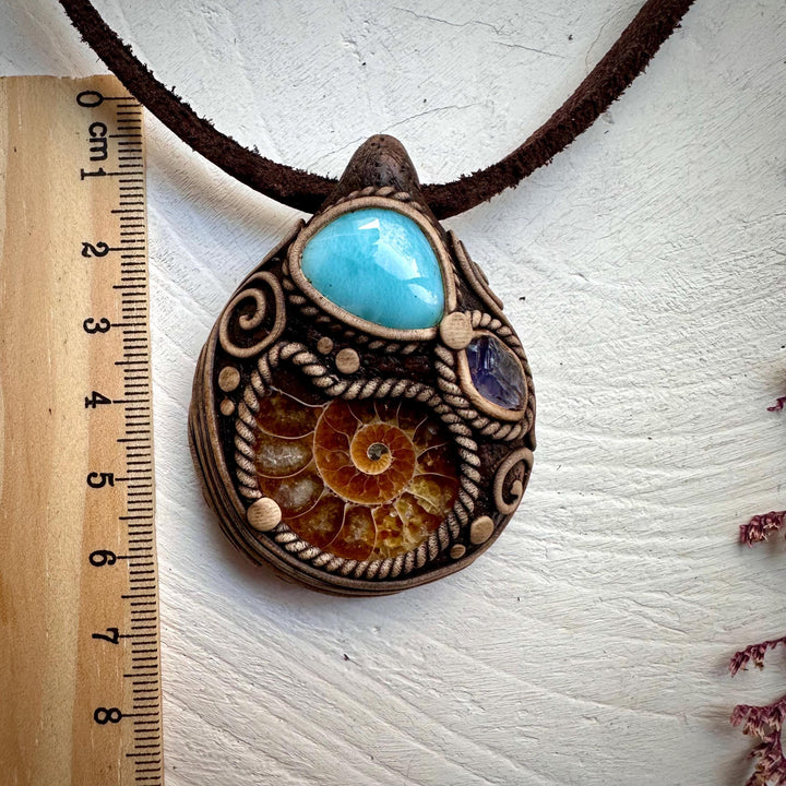 Ammonite Larimar and Raw Iolite Necklace - FairyGardenGlow