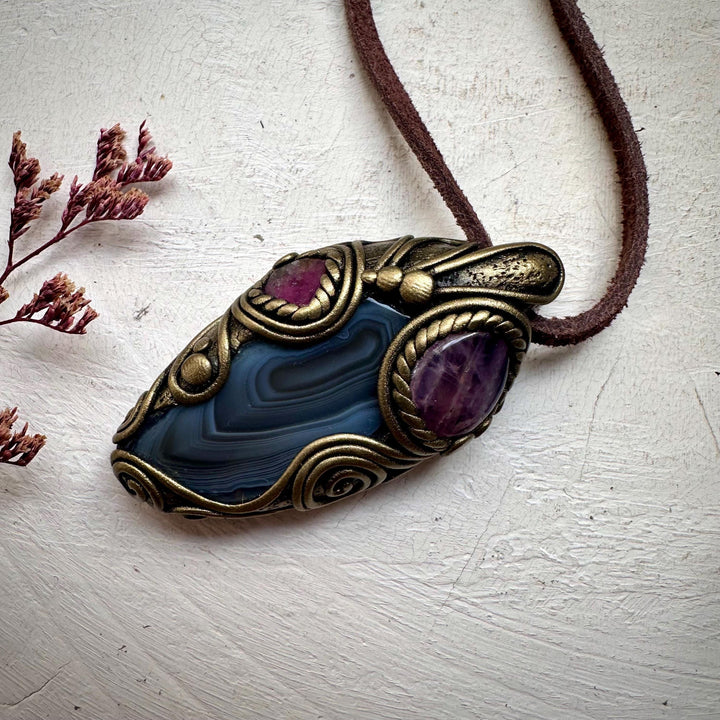 Botswana Agate Bi Color Tourmaline and Lavender Quartz Necklace - FairyGardenGlow