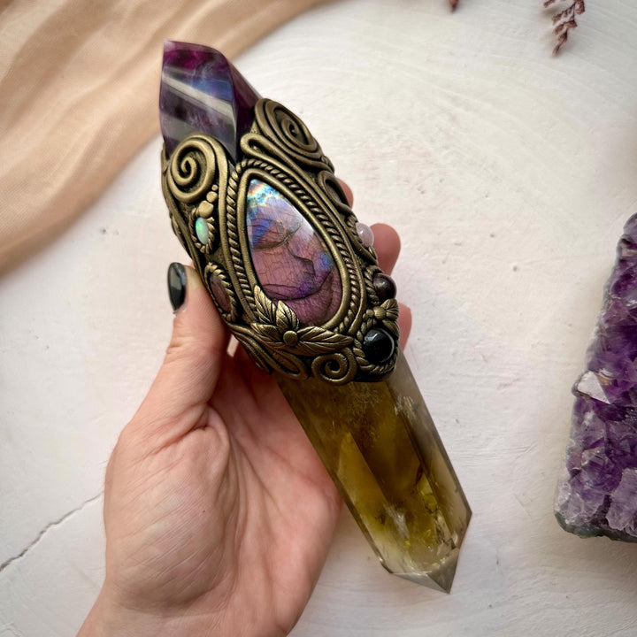Large Citrine Point with Purple Fluorite Flame Labradorite Amethyst Ruby Morganite Strawberry Quartz and Australian Opal Wand - FairyGardenGlow