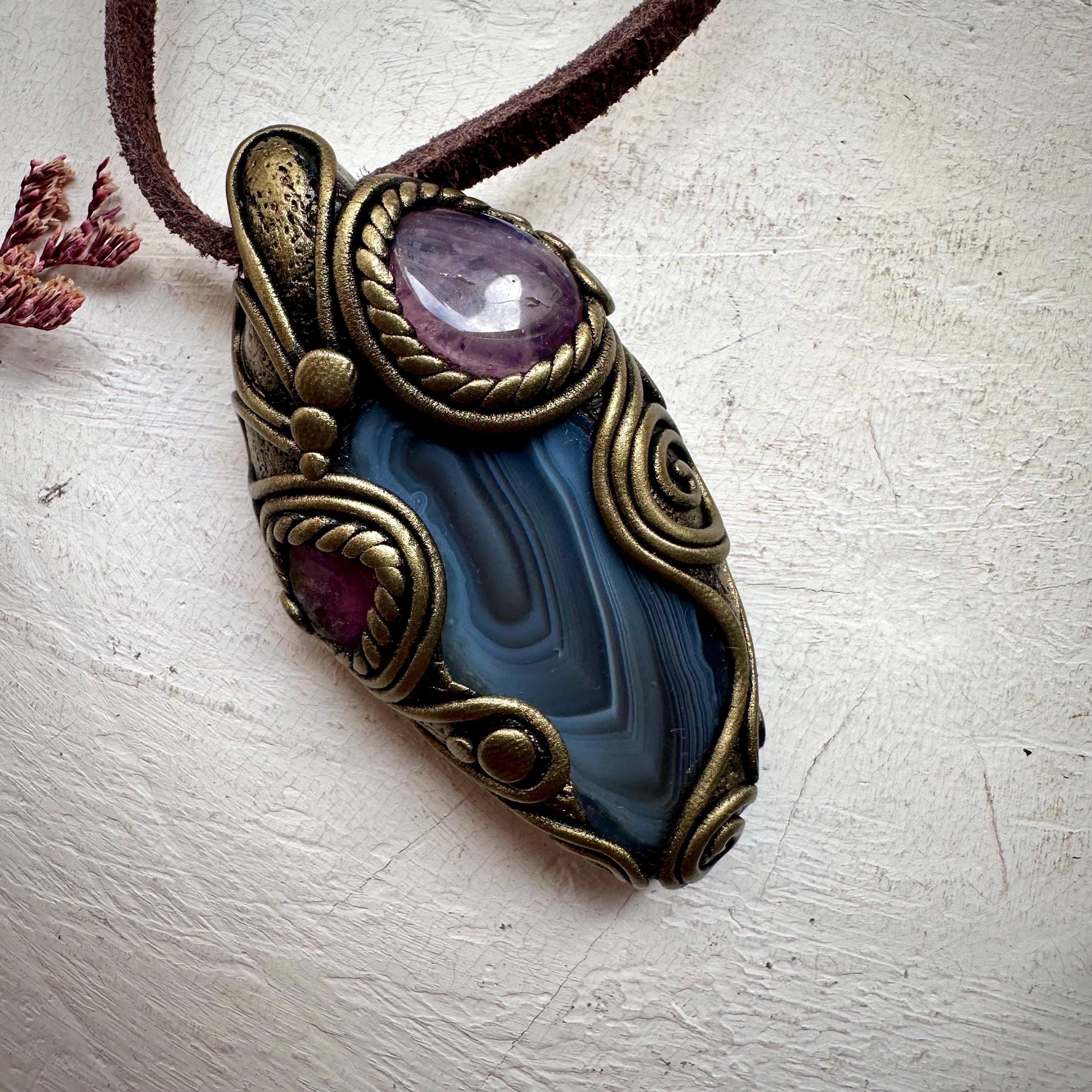 Botswana Agate Bi Color Tourmaline and Lavender Quartz Necklace - FairyGardenGlow