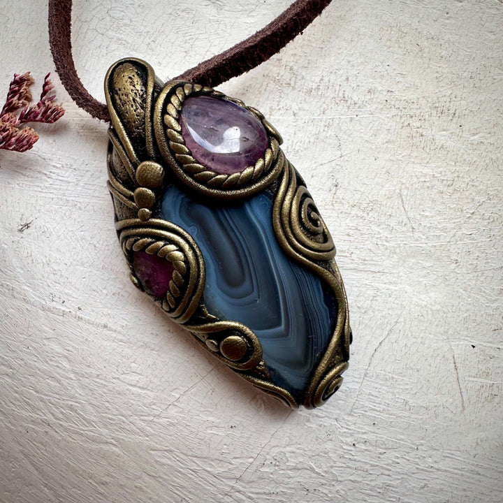 Botswana Agate Bi Color Tourmaline and Lavender Quartz Necklace - FairyGardenGlow