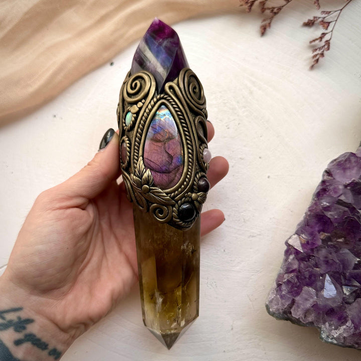 Large Citrine Point with Purple Fluorite Flame Labradorite Amethyst Ruby Morganite Strawberry Quartz and Australian Opal Wand - FairyGardenGlow